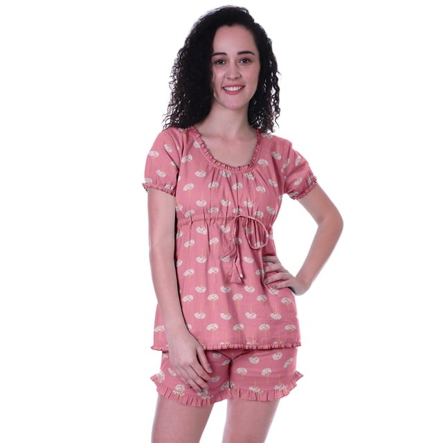 Moomaya Pyjama en Coton pour Femmes, Ensemble de Nuit 2 Pcs avec Shorts, Ensembles de Pyjama avec Shorts