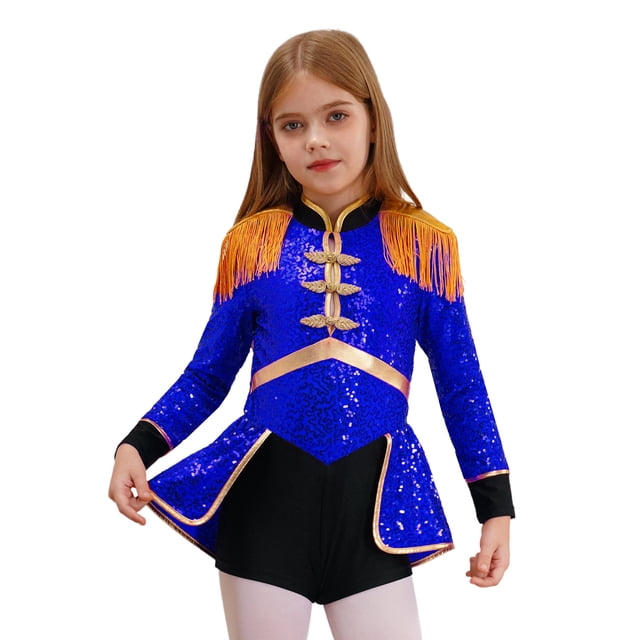 YONGHS Combinaison de Cirque pour Filles Halloween Enfants Manches Longues Sequins Justaucorps Robe Danse Bleu Royal 14
