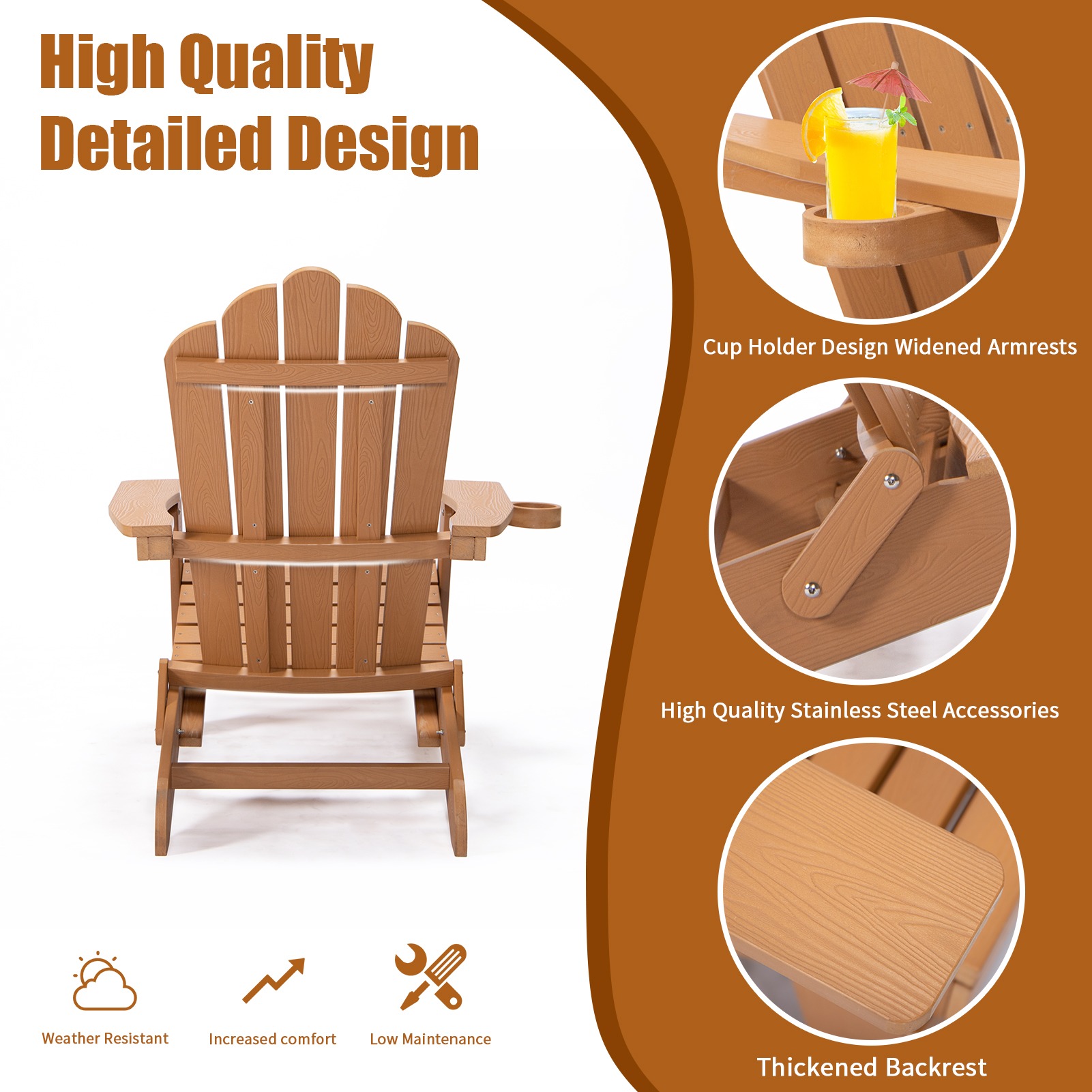 Branax Folding Adirondack Chair, Patio Chairs, Lawn Chair, Outdoor Chairs Painted Adirondack Chair Weather Resistant for Patio Deck Garden, Backyard Deck, 400 lbs Capacity Load, Brown - image 5 of 8