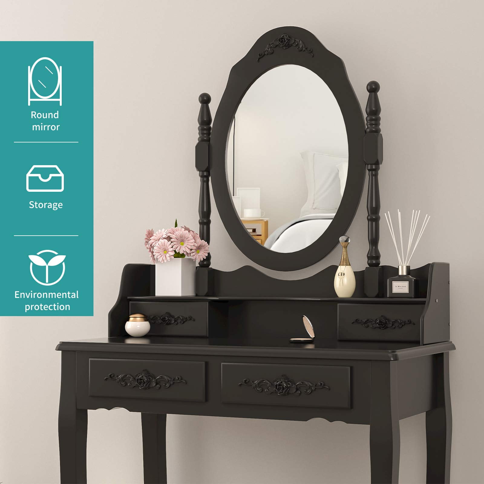 Alohappy Girls Vanity Desk, Makeup Vanity Set with Mirror & Stool, Makeup Table Black Vanity Desk with 4 Drawers Vintage Rose Carving Dressing Desk for Bedroom, Studio (Black)