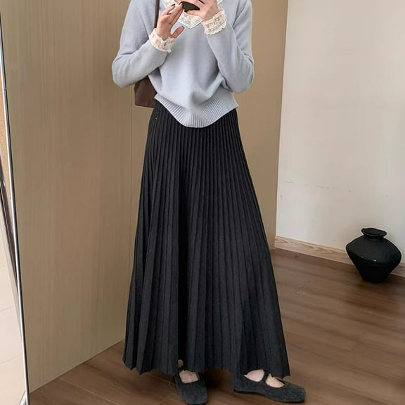 Women'S Winter Knitted Pleated Midi Skirt A-Line Flared Casual Warm Thermal Long Skirt With High Waist Skirts For Women