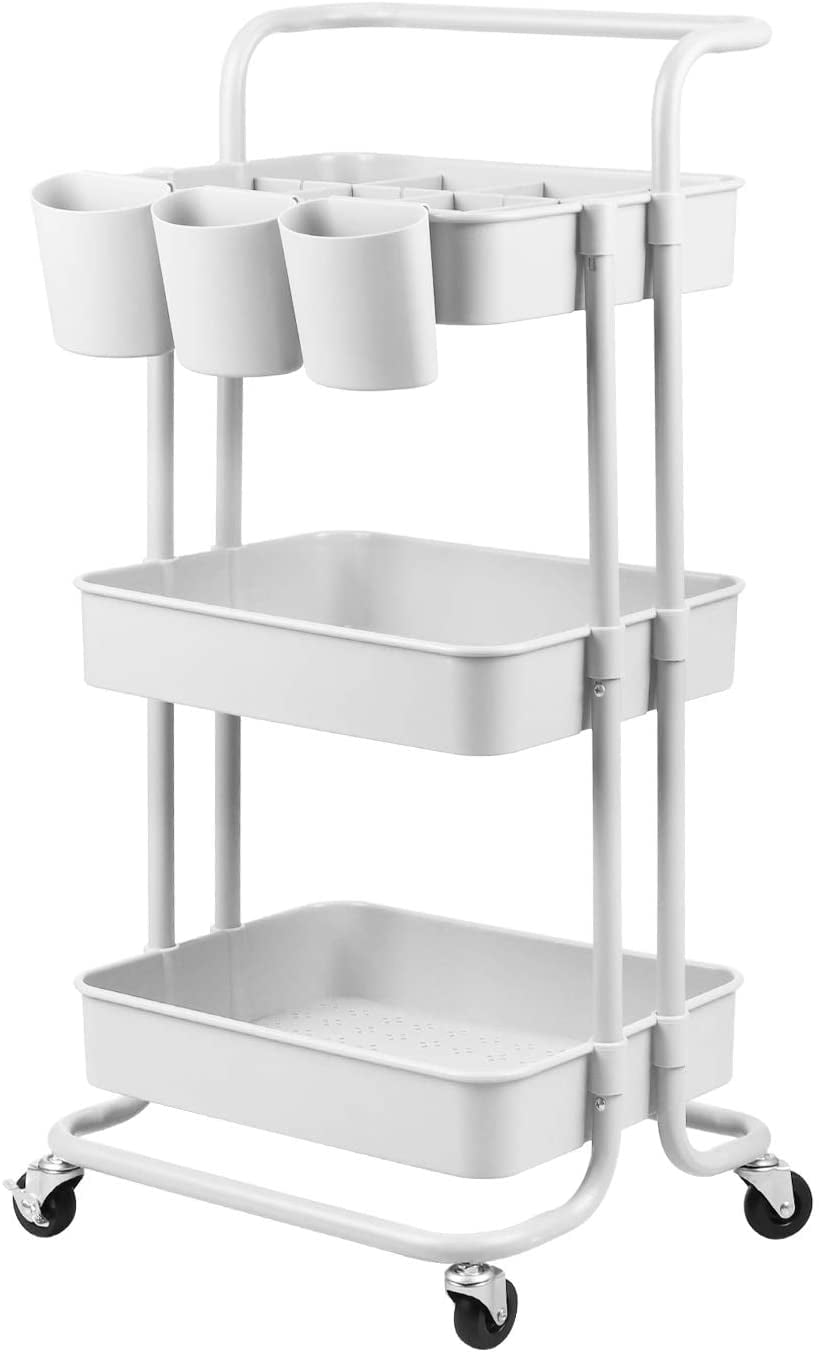 3 Tier Utility Cart,MIZGI Metal Rolling Storage Cart with Wheels and Ergonomic Handles Organizer Trolley ABS Organization Cart Mesh Basket Shelf for Office Home Kitchen Bathroom Bedroom Outdoor-White 