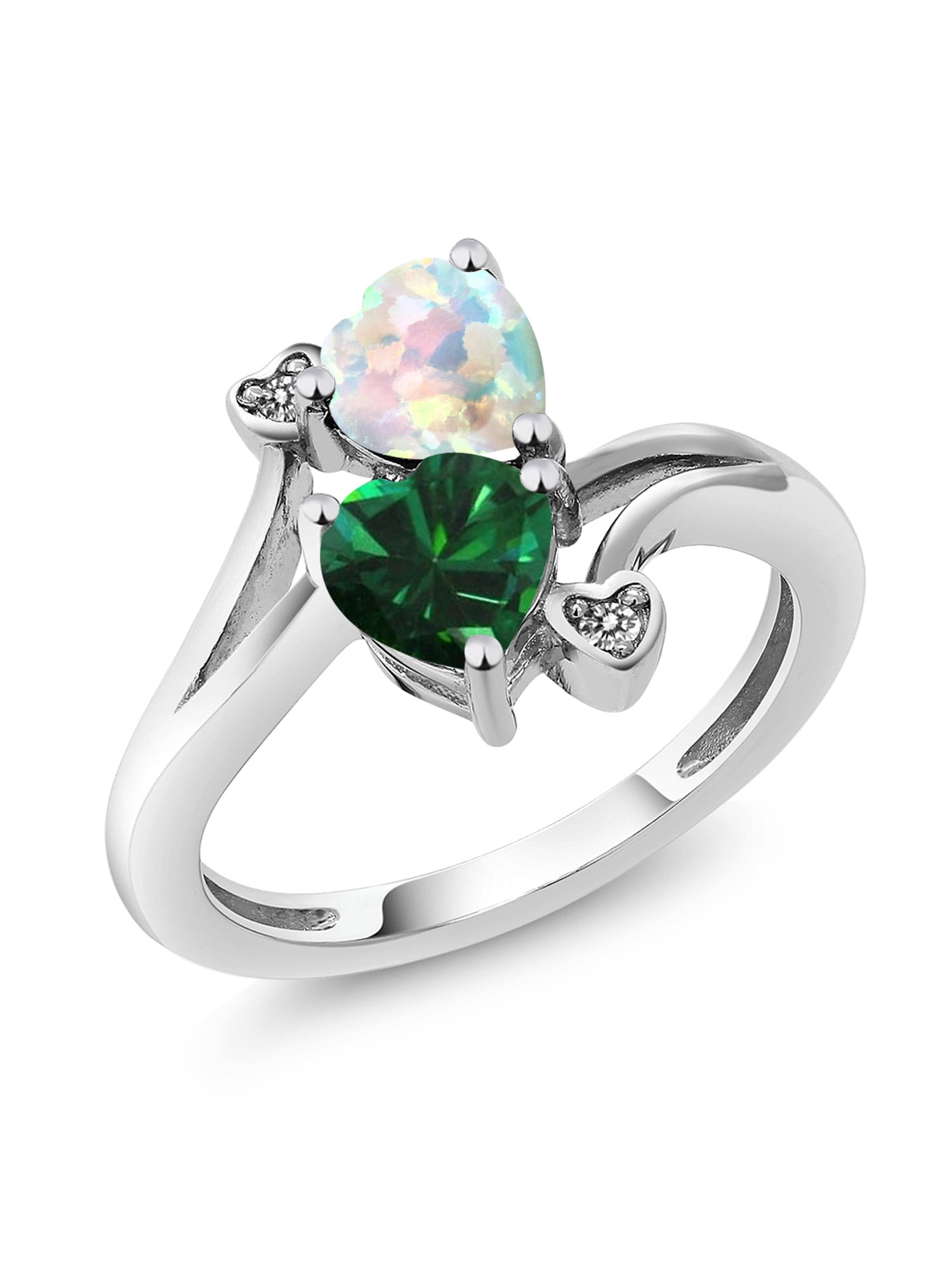 1.46 Ct Green Simulated Emerald White Simulated Opal 10K White Gold Ring by