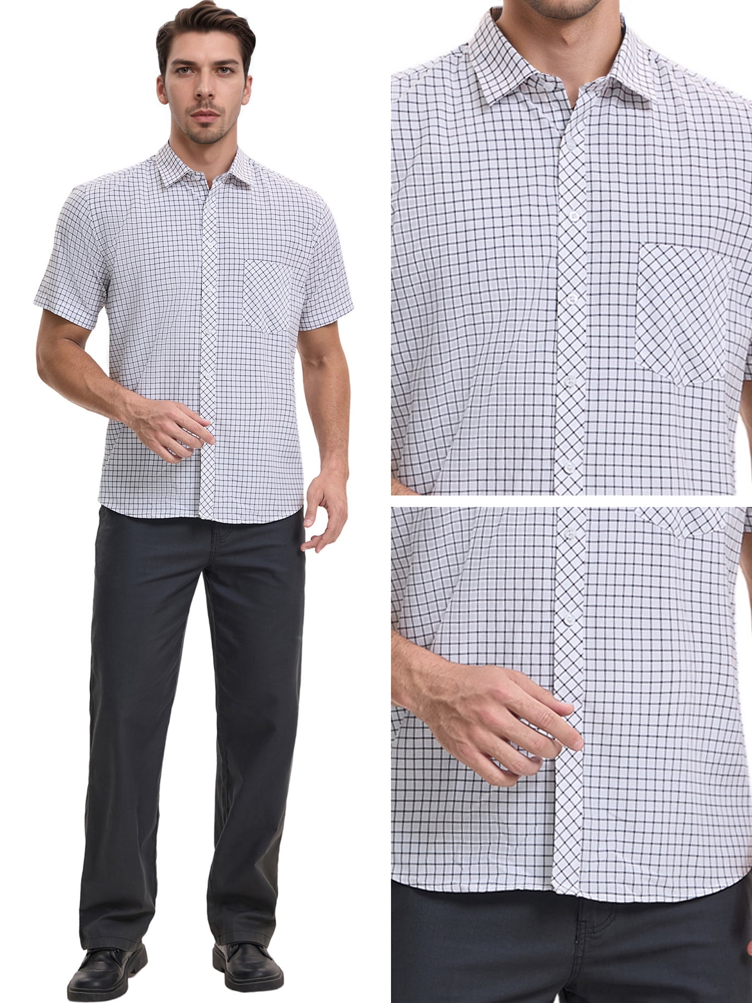 DARING DIVA Men's Plaid Short Sleeved Button Down Business Checked Dress Shirt M Gray