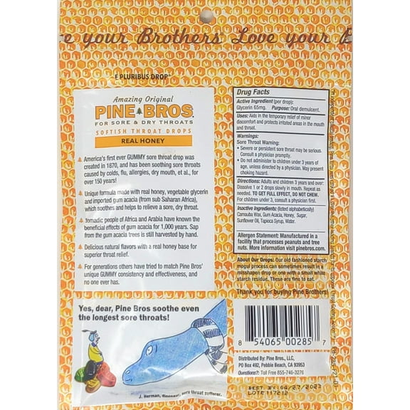 Pine Bros. Sore Throat Drops, Honey, Gummy, 30 Count