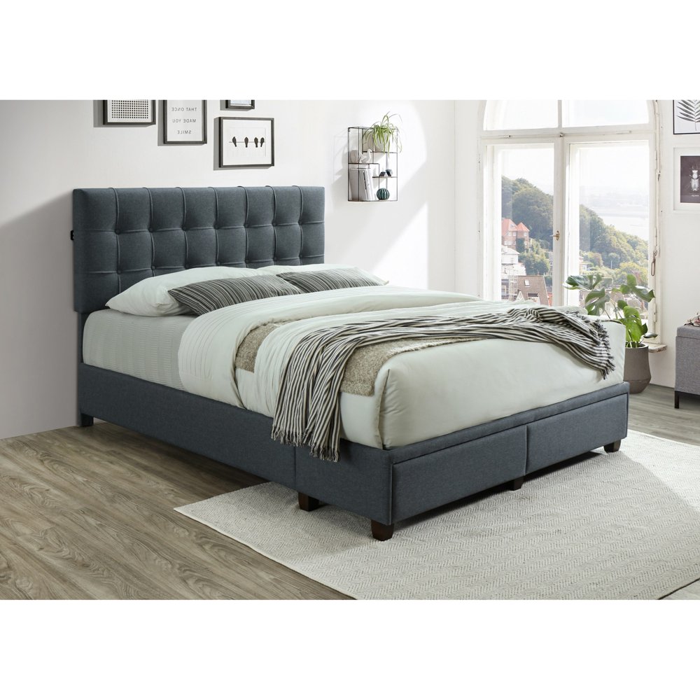 Contemporary 1pc King Size Storage Drawers Bed Gray Fabric Tufted