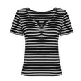 thumbnail image 4 of Xixinqiwan Women Summer Ribbed Knit Tops Short Sleeve Scoop Neck T-Shirts Casual Slim Fit Striped Basic Tee, 4 of 6