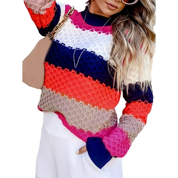 Gvmfive Women's Striped Color Block Round Neck Pullover Long Sleeve Casual Sweater