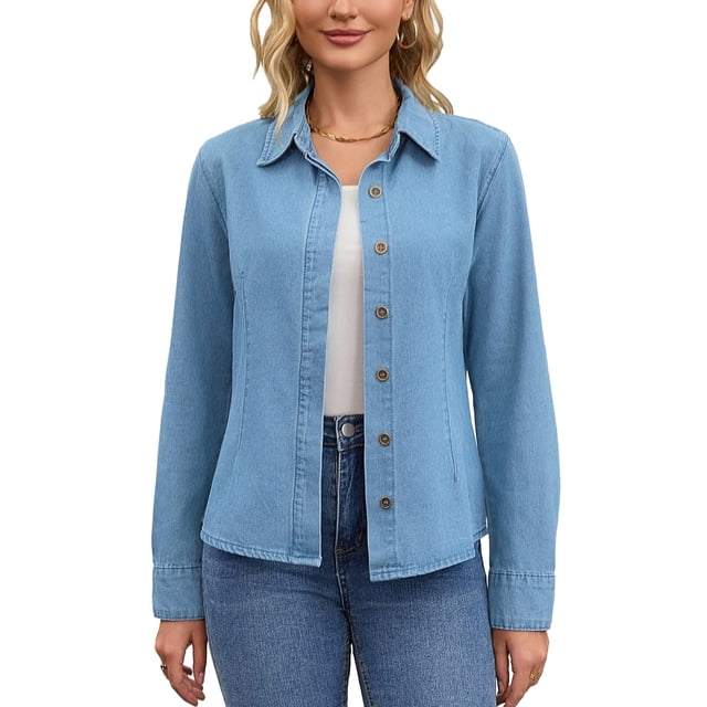 Camisa de mezclilla para mujer INSPIRE CHIC de manga larga, atuendos de primavera, camisa de botones vaquera, top de mezclilla M azul
