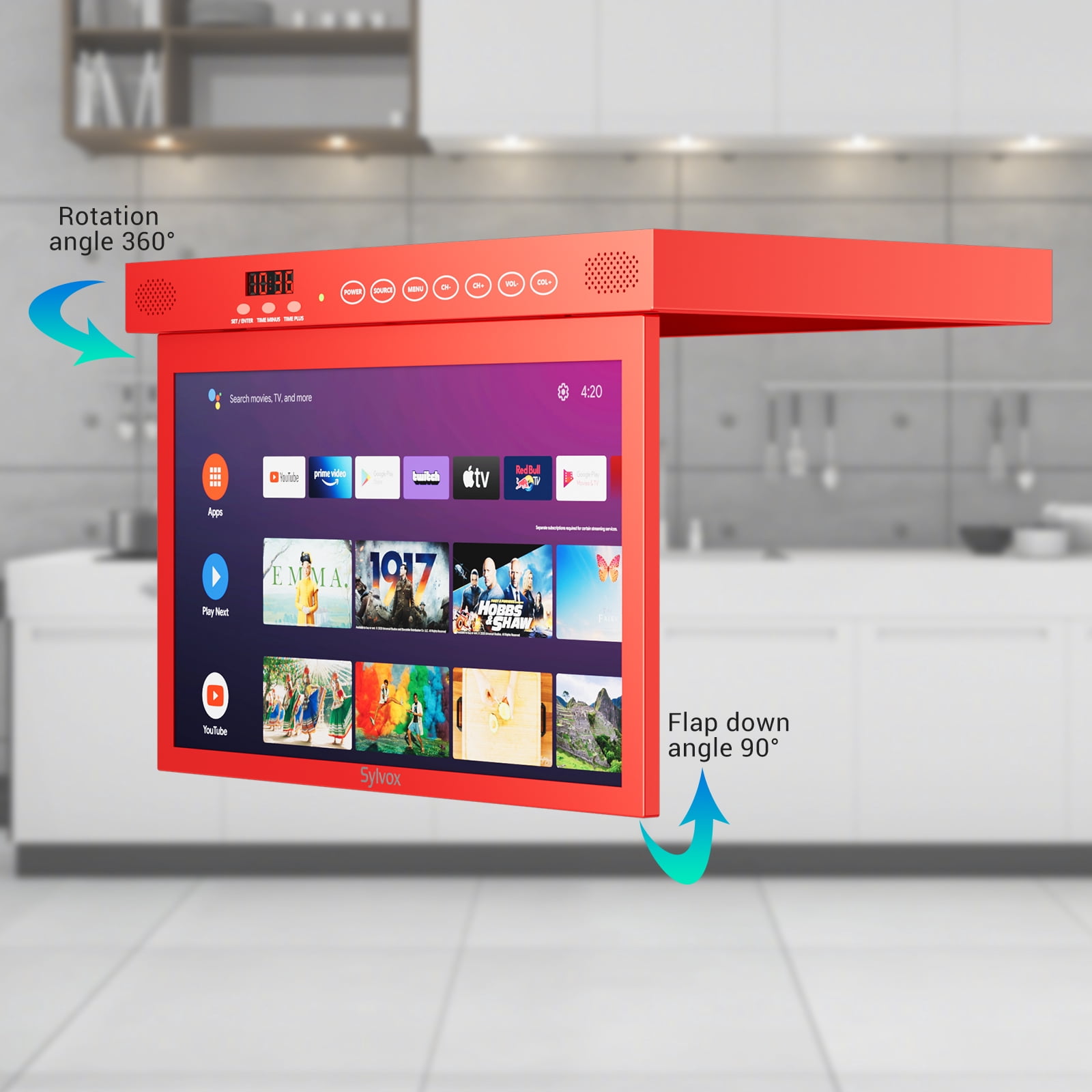 Sylvox 15.6” Under Cabinet Smart TV ,Rotated Folded,1080P 12V Google Television for Kitchen,Google Assistant,Chromecast,Wireless Connectivity,Red