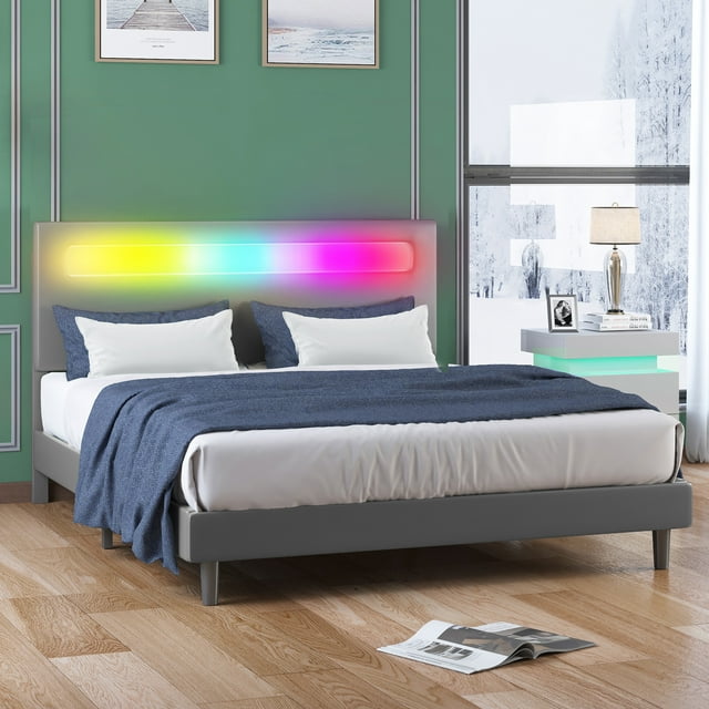 Mjkone Platform Bed Frame with Smart LED Strip Light, Full Size Bed Frame with RGB LED Headboard, RGB LED Light Controlled by Alexa or APP, Full Bed Frames Adjustable Lighting Effects (Full, Grey)