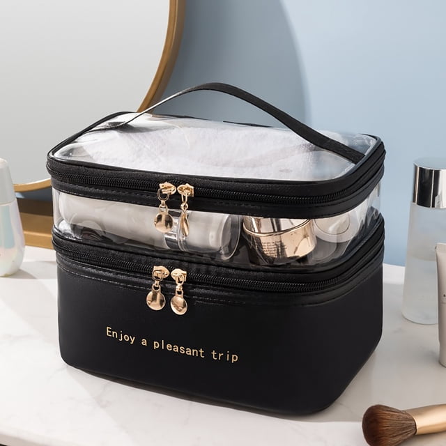 Fiudx Bolsa de Cosméticos de Doble Capa, Color Sólido, Transparente, Lavable, Portátil, de Moda, para Viajes, Bolsa de Almacenamiento Portátil de Gran Capacidad.