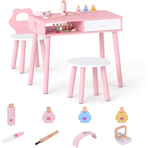 OLAKIDS Pretend Nail Salon Wooden Playset, Children Table and Chair Set with Stool 8 Accessories Storage Drawer for Girls Aged 3