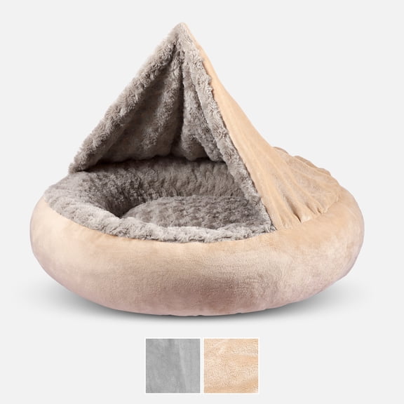 Cozy Cuddler Luxury Puppy Pet Bed, Donut Round Calming Anti-Anxiety Dog Burrow Cave Bed, Machine Washable, Anti-Slip Bottom, Beige, 23inch
