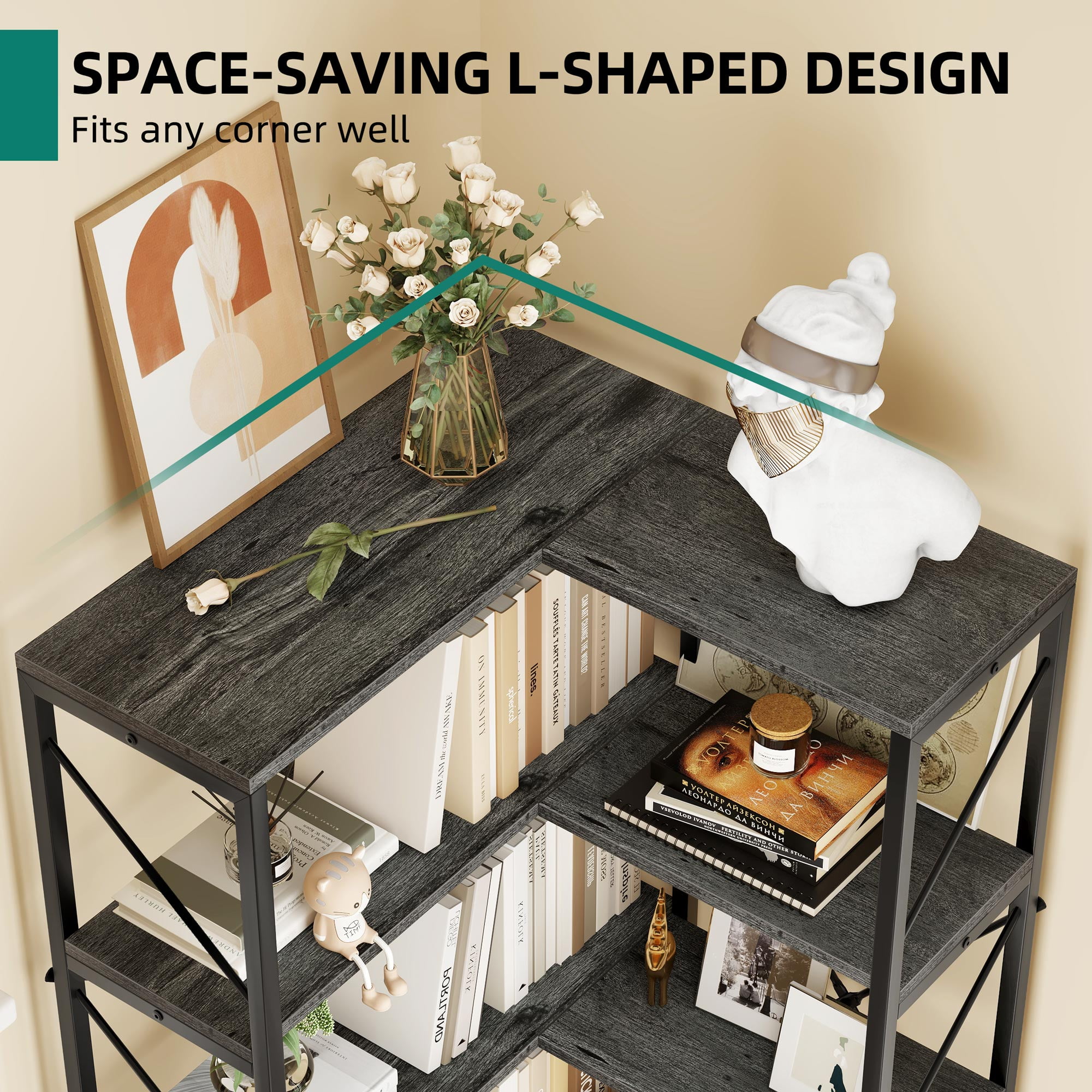 5-Tier L-Shaped Bookcase Storage Organizer, Tall Corner Bookshelf Open Display Freestanding Storage,Dark Gray