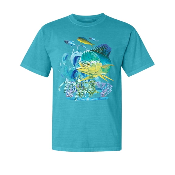 Wild Bobby, Classic Fresh Mahi Classic Nautical, Fish, Garment-Dyed Washed Look Short Sleeve Tees, Blue Lagoon, Small