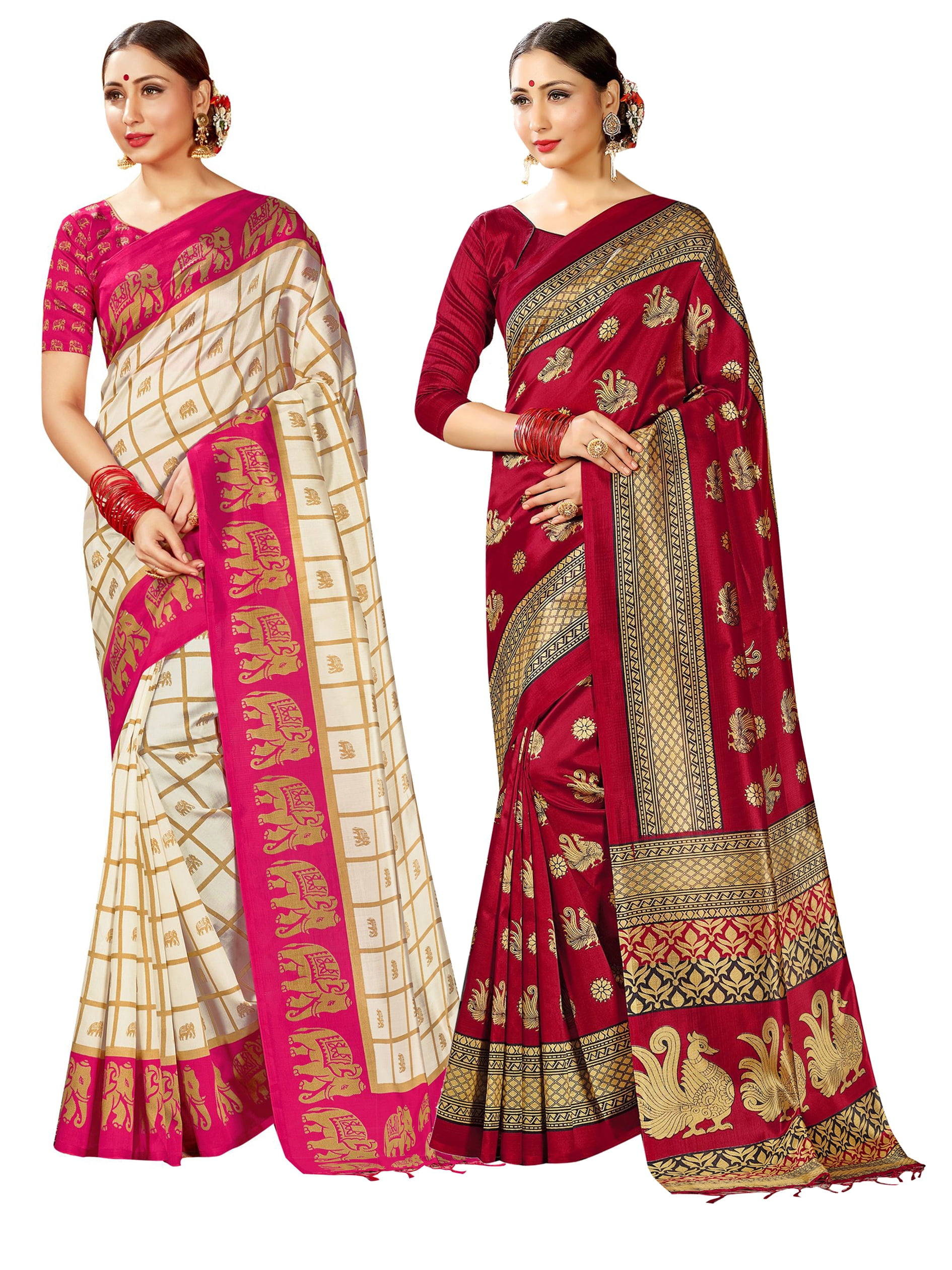 Pack of Two Sarees for Women Mysore Art Silk Printed Indian Wedding Saree || Diwali Gift Sari Combo