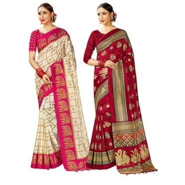 Pack of Two Sarees for Women Mysore Art Silk Printed Indian Wedding Saree || Diwali Gift Sari Combo