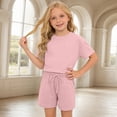 thumbnail image 2 of BOOMNY Girls 2 Peice Outfit Set Summer Clothes Set for Girls Short Sleeve Casual Solid Color Tops Shorts Cozy Kids Dailywear, 2 of 6