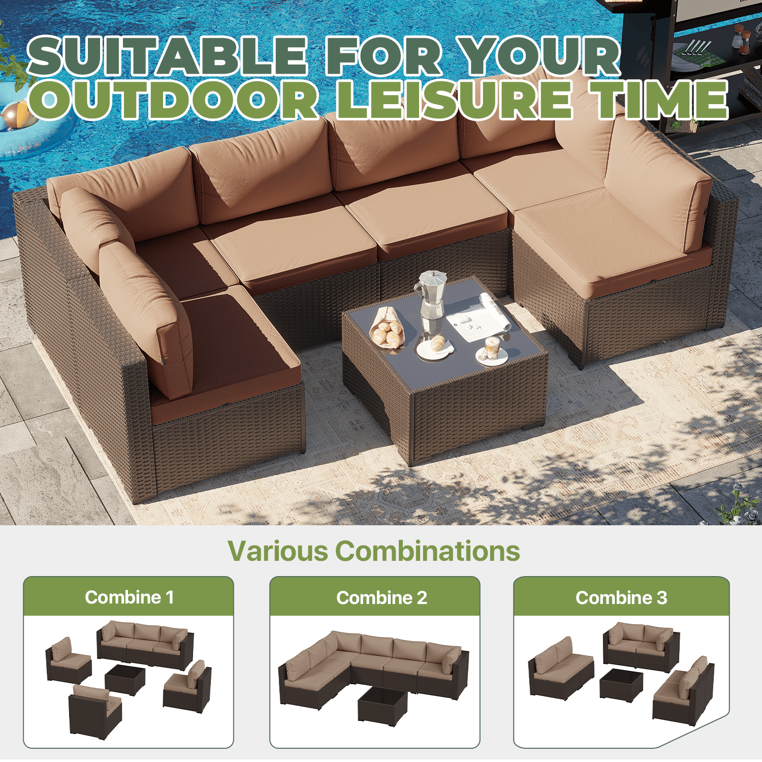 BaPiPro 7‑Piece Modular All‑Weather Patio Furniture Set, Brown Rattan Wicker Outdoor Sectional Sofa with Thickened Khaki Cushions & Tempered Glass Coffee Table for Backyard Porch Deck Balcony