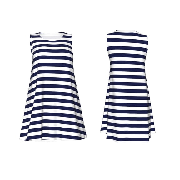 Horeoi Navy Blue And White Stripes Print Women's Sleeveless Dress Cotton-like Flared Hem Deep Side Pockets Above-Knee