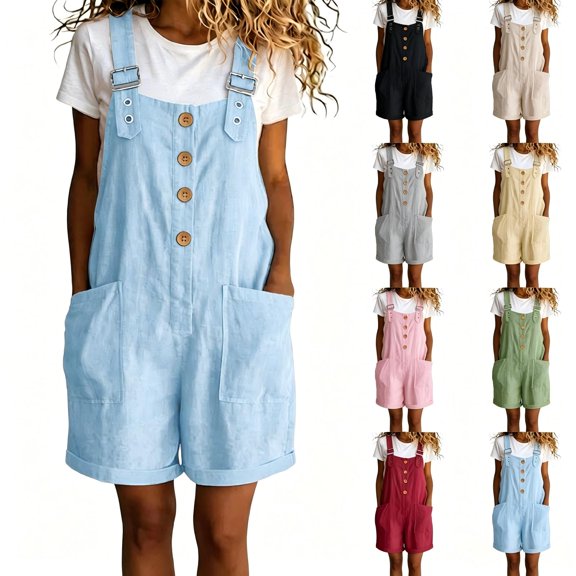 Tqcoqu Linen Rompers for Women,Summer Button Front Adjustable Straps Jumpsuit,Baggy Casual Beach Overalls Shorts with Pockets,Black Women's S-XXL