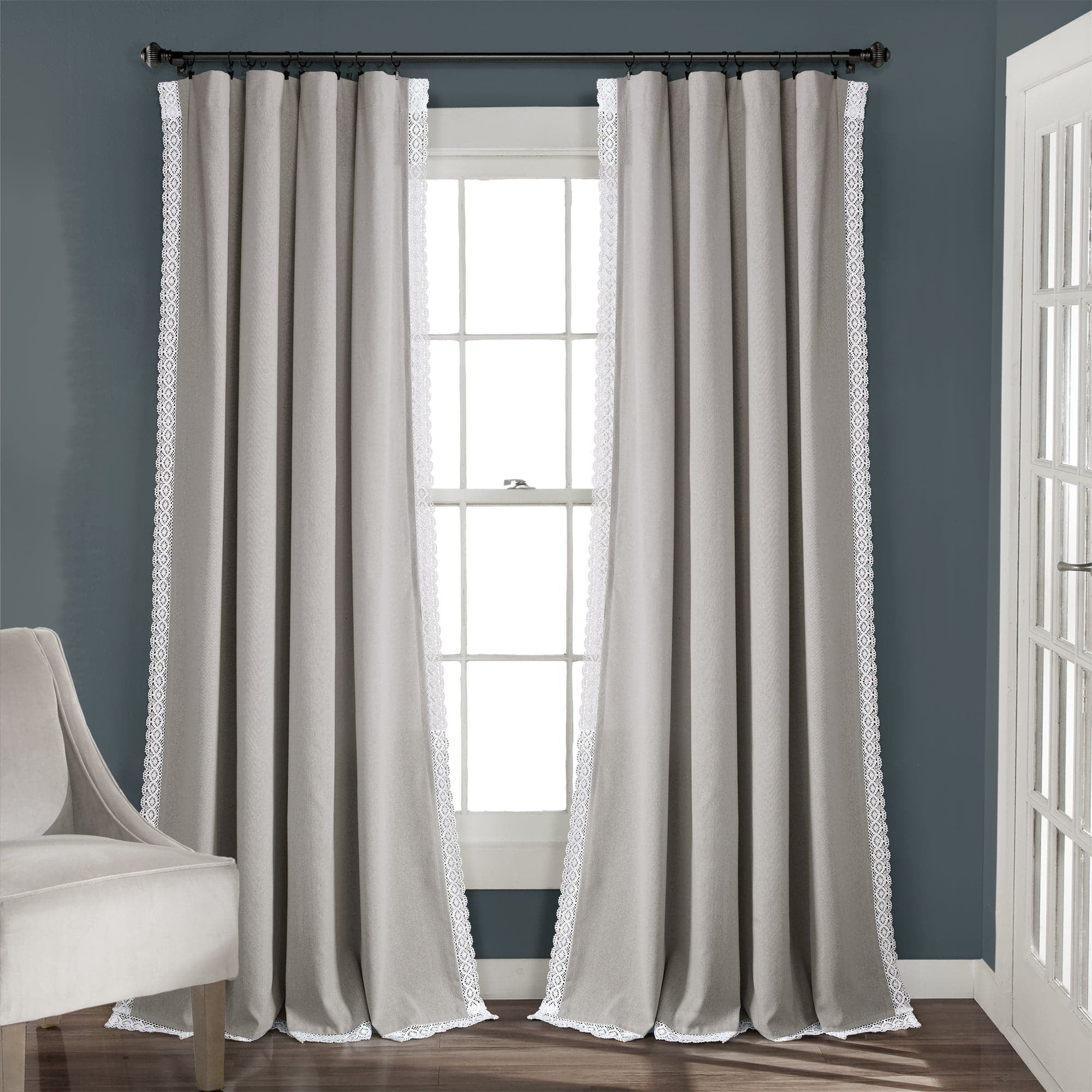 Lush Decor Rosalie Faux Linen Delicate Lace Edge Solid Color 3" Rod Pocket Light Filtering Window Curtain Panel, Ivory, 63"L x 54"W, Set of 2
