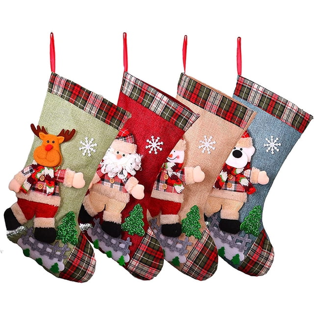 Medias navideñas Medias grandes de 4 piezas Medias clásicas de cuadros escoceses de búfalo para colgar en la chimenea Medias colgantes de reno de Papá Noel con osito pequeño Decoración para fiestas