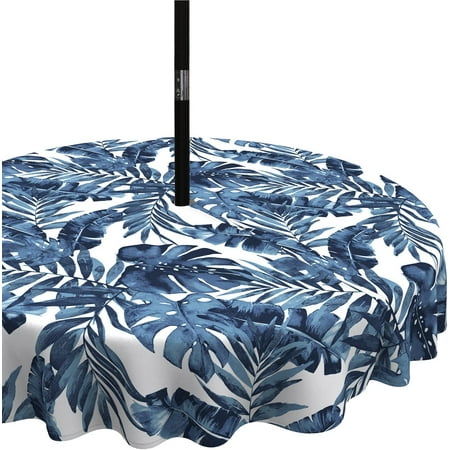 

Outdoor Tablecloth with Umbrella Hole and Zipper 60 Inch Water-Repellent Patio Table Cloth Round Table Covers for Backyard Garden Palm Blue
