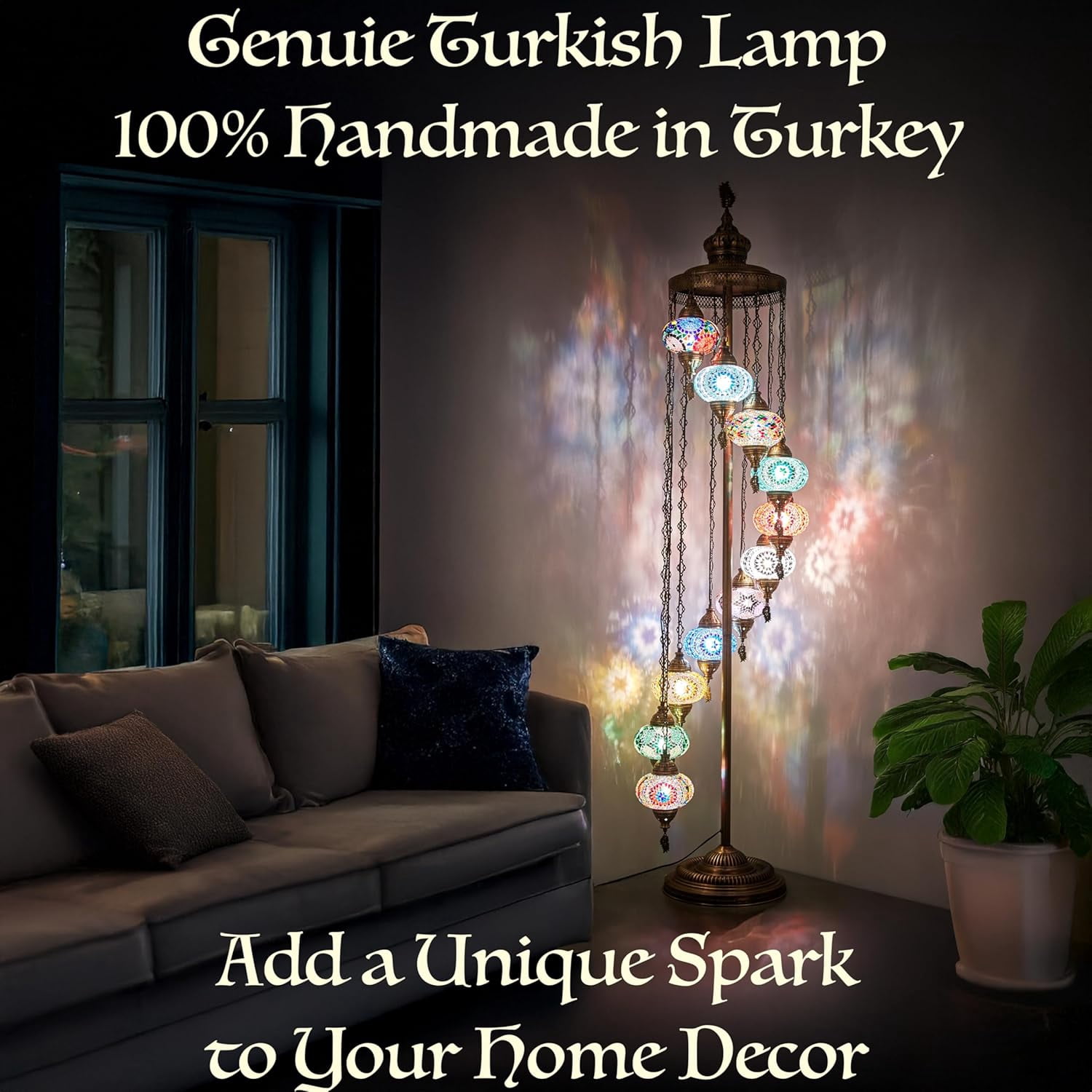 DEMMEX 11-Globe Turkish Moroccan Mosaic Floor Lamp, 7ft Handmade Bohemian Standing Light, Tall Tiffany-Style Decorative Lamp with Mosaic Glass Globes – Handmade in Turkey (Multicolor)