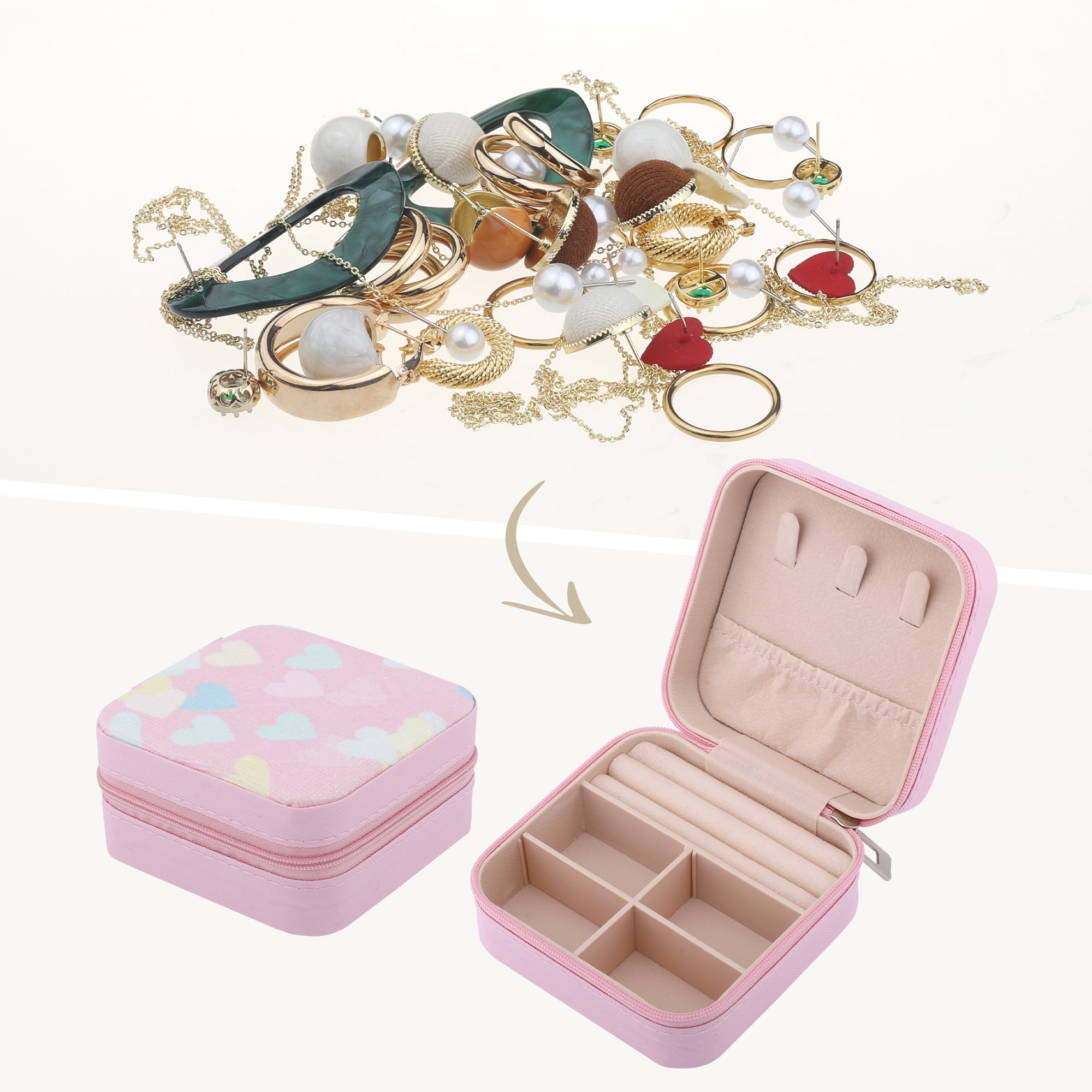 Unique Bargains Mini Jewelry Box for Women PU Leather Organizer with Zipper Pink