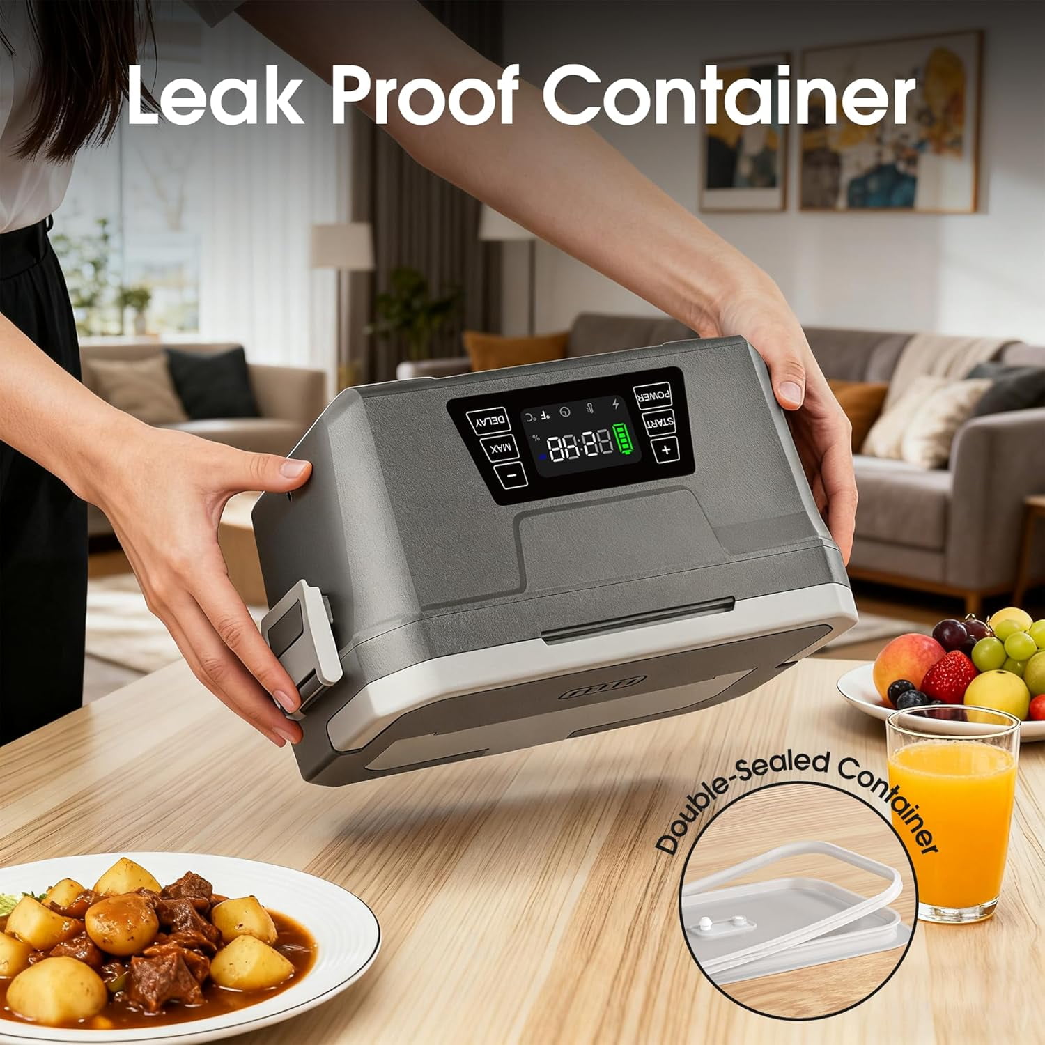Cordless Heated Lunch Box with APP Control - 1.2L Auto Heating Food Warmer, 248°F Max, Leak-Resistant & Portable for Work, Office, Adults.