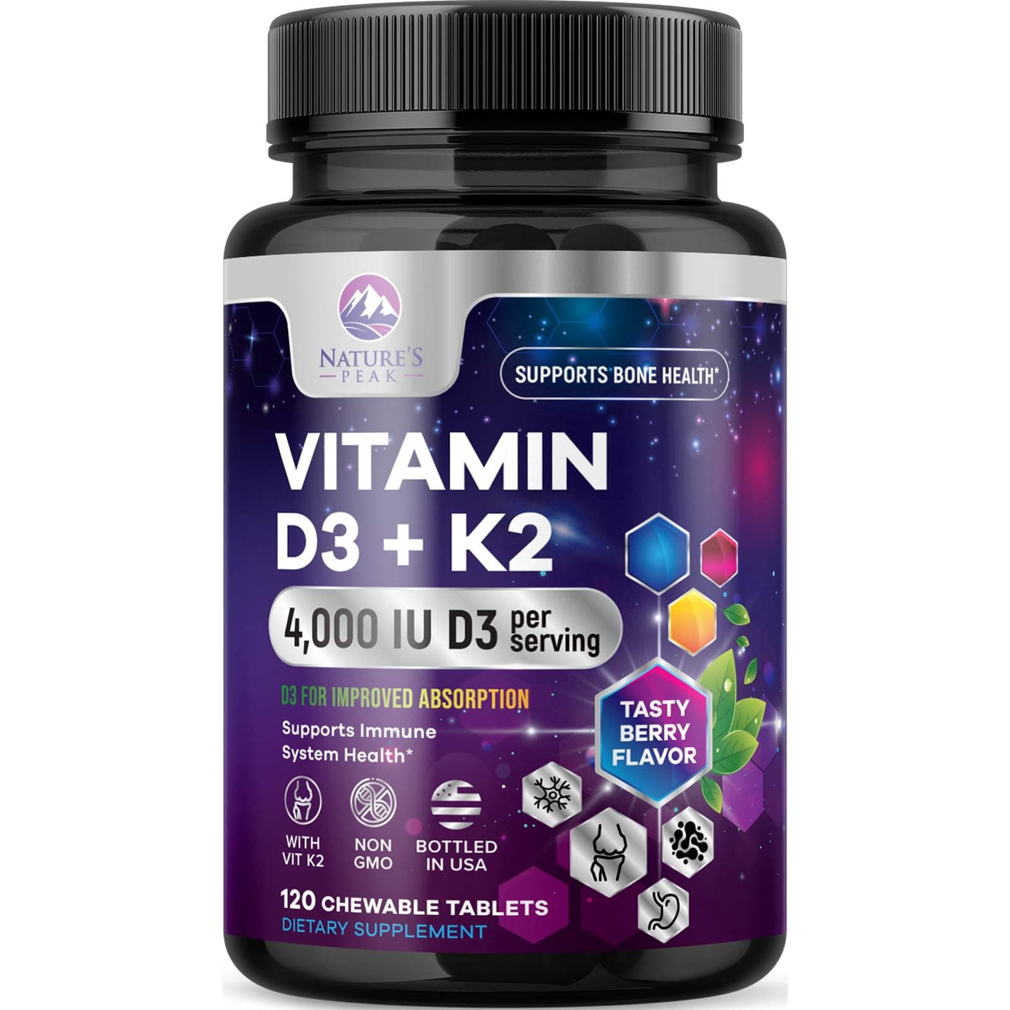 Vitamin D3 K2 - 4000 IU Vitamin D3 & 200 mcg Vitamin K2 MK-7 per Serving - Bone, Heart, & Immune Health Support - Calcium Absorption - D3K2 Berry Chew, Gluten Free, Non-GMO, Bottled USA - 120 Tablets