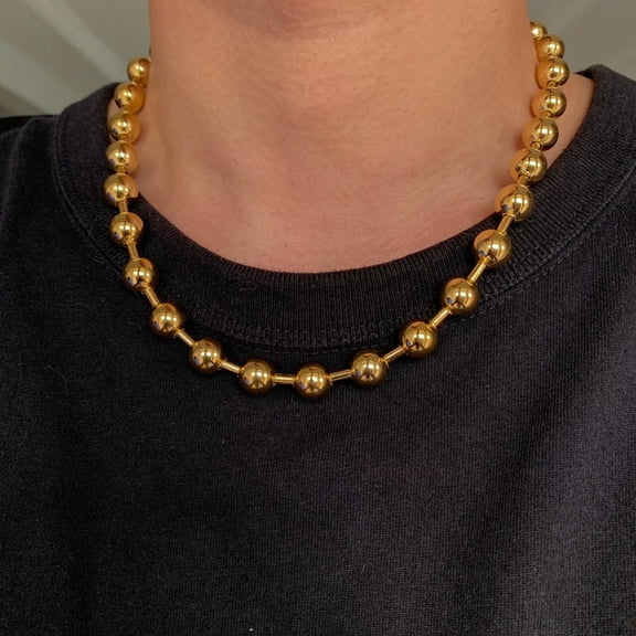 QQTDFG Hip Hop 18K Gold Tone Mens Chain Stainless Steel Round Ball Necklace 10mm 24"-default