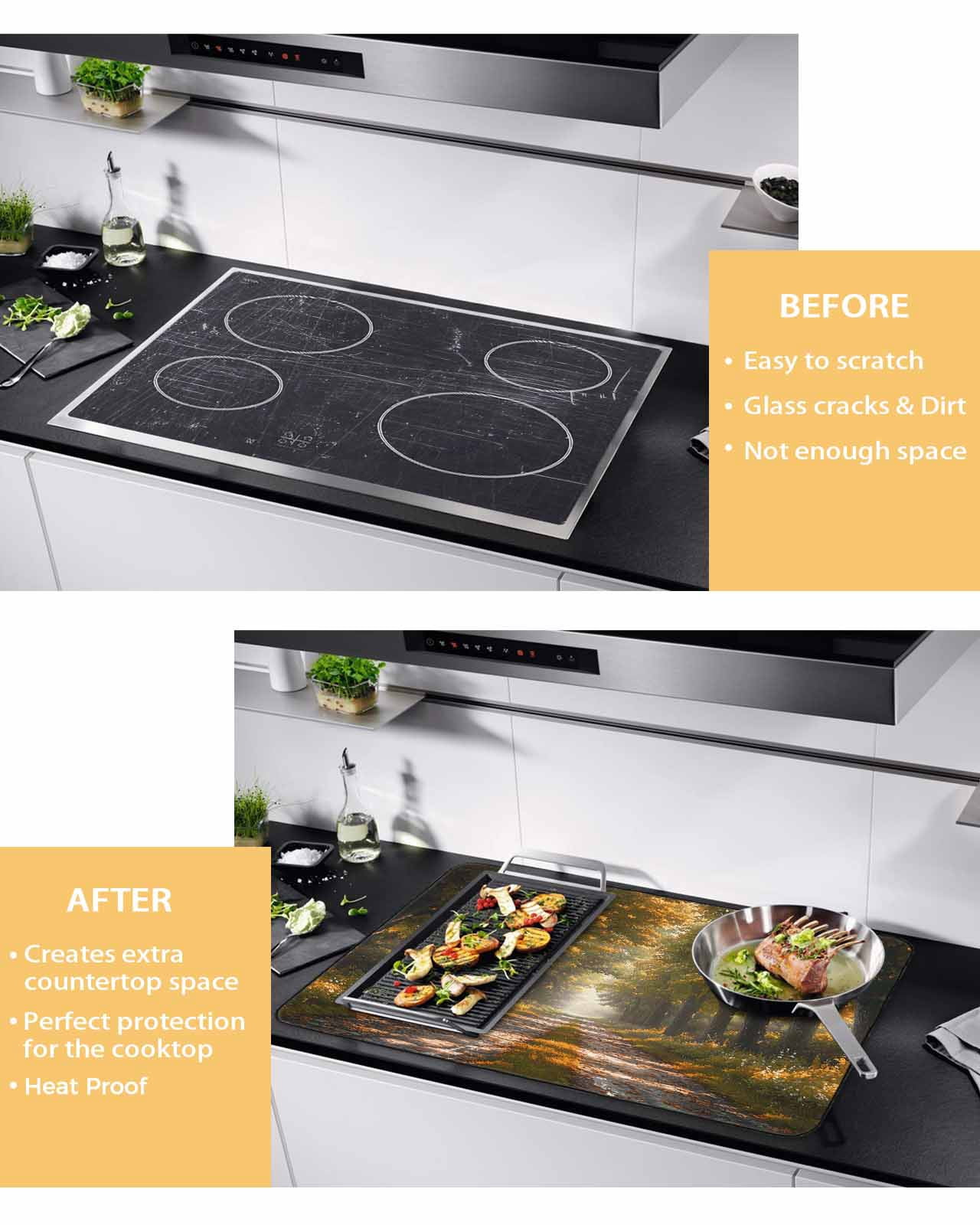 nqOlkjepod Large Induction Cooktop Protector Mat 36"x21", Brown Trees Stove Top Covers for Electric Stove, Forest Art Decor Spring Summer Nature Leaf Stove Burner Cover Mats, Glass Top Stove Cover