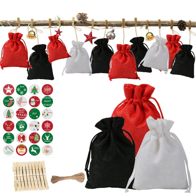 Boovnll 24Pcs Christmas Drawstring Gift Bags Reusable DIY Burlap Countdown Calendar Small Christmas Gift Bags with Rope & Clips for Home Party Decor, Christmas Decorations