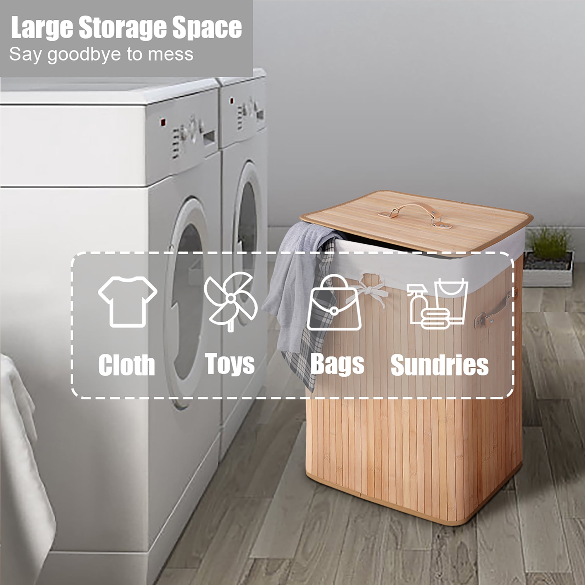 Costway Rectangle Bamboo Hamper Laundry Basket Washing Cloth Bin Bag Lid Natural