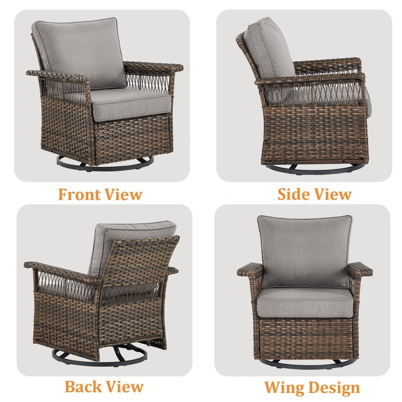 PARKWELL 4 Pieces Patio Furniture Set with Fire Pit Table, Outdoor All-Weather Wicker Conversation Couch Set with Swivel Gliders Chairs, Deep Seating Furniture for Porch Deck, Brown/Gray