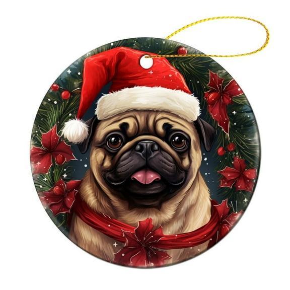 Pug Dog with Christmas Hat Christmas Ceramic Ornament Merry Christmas Cute Animals Christmas Tree Ornaments Christmas Tree Decorations Housewarming Gift