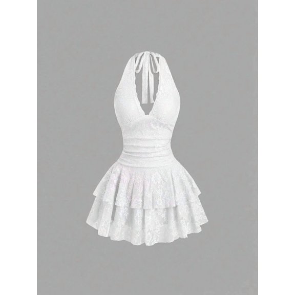 White Lace Halter Neck Ruched Peplum Mini Dress For Women