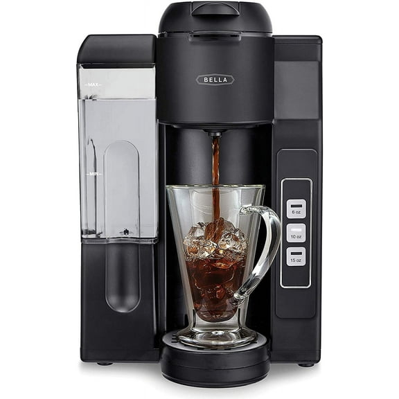 BELLA Single Serve Coffee Maker, Dual Brew K-Cup Pod or Ground Coffee Brewer, Adjustable Drip Tray for Personal Travel Mugs, Large Removable Water Tank, Black