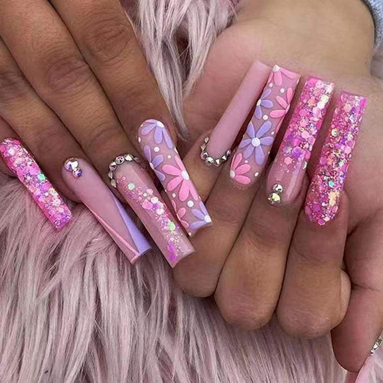 Valentine's Day Long Ballerina Fake Nail Tips With Design Coffin