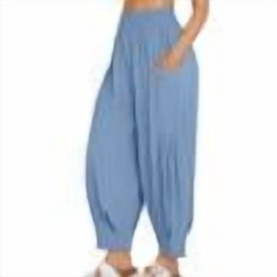 JGGSPWM Women's Smocked Waist Harem Pants Casual Loose Fit Trousers with Pockets Blue L