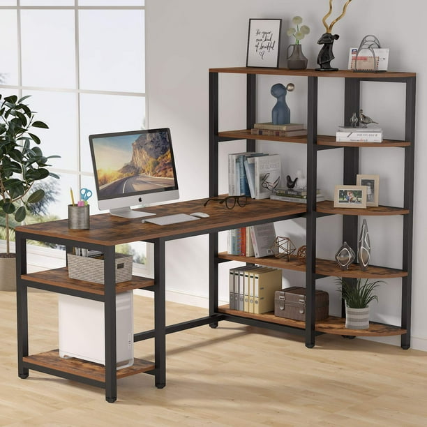 Tribesigns 67" Large Computer Desk with 5 Tier Storage Shelves, Rustic Study Writing Desk