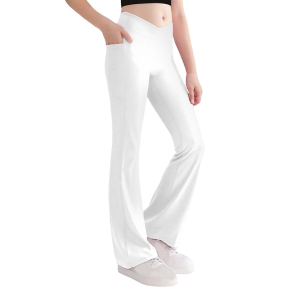 Maqroz Teen Girls Crossover High Waist Flare Leggings Yoga Pants with Pockets Bootcut Trousers Soft Stretchy Dance Activewear White,8 Years