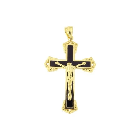 Men's 14k Yellow Gold Black Enamel 1.4" Crucifix Cross Pendant