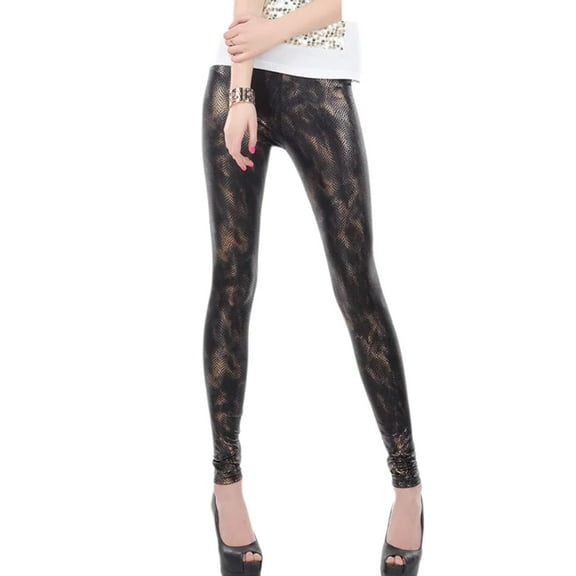 Trendy Women's Faux Leather Snake Print Ankle Length Tights High Waist Stretchy Wet Look Glossy Leggings Pants