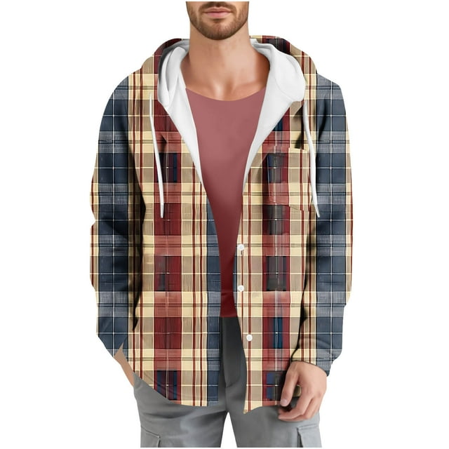 WRKEKC Mens Plaid Jacket Printed Button Drawstring Pockets Long Sleeve Hooded Casual Sweatshirt Jacket Outerwear for Men