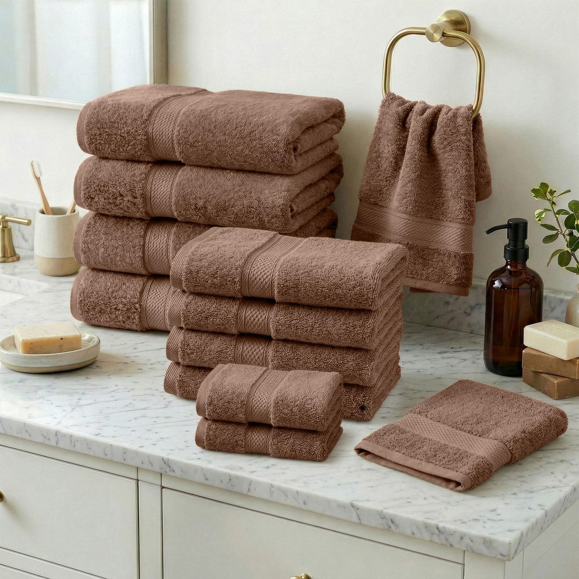 Superior Madeline Egyptian Cotton Ultra-Plush 12-Piece Towel Set, Chocolate