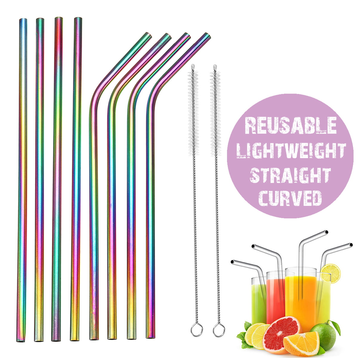 4 Straight 4 Bend Straws with 2 Cleaning Brushes for Smoothie Cocktail Hot Drinks 8.5 Rainbow Metal Drinking Straws for 30oz//20oz Tumblers 8 PCS Stainless Steel Reusable Straws Set